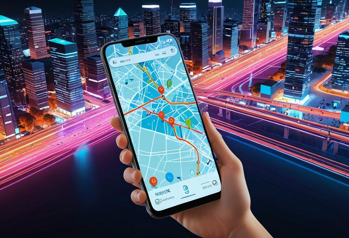 A sleek smartphone displaying a dynamic map with real-time geolocation markers, showcasing locations of safety monitoring stations. In the background, a serene urban landscape with people interacting seamlessly with technology, emphasizing safety and connectivity. Vivid lines representing data flow interconnecting various points on the map. bright colors, 3D, modern illustration.