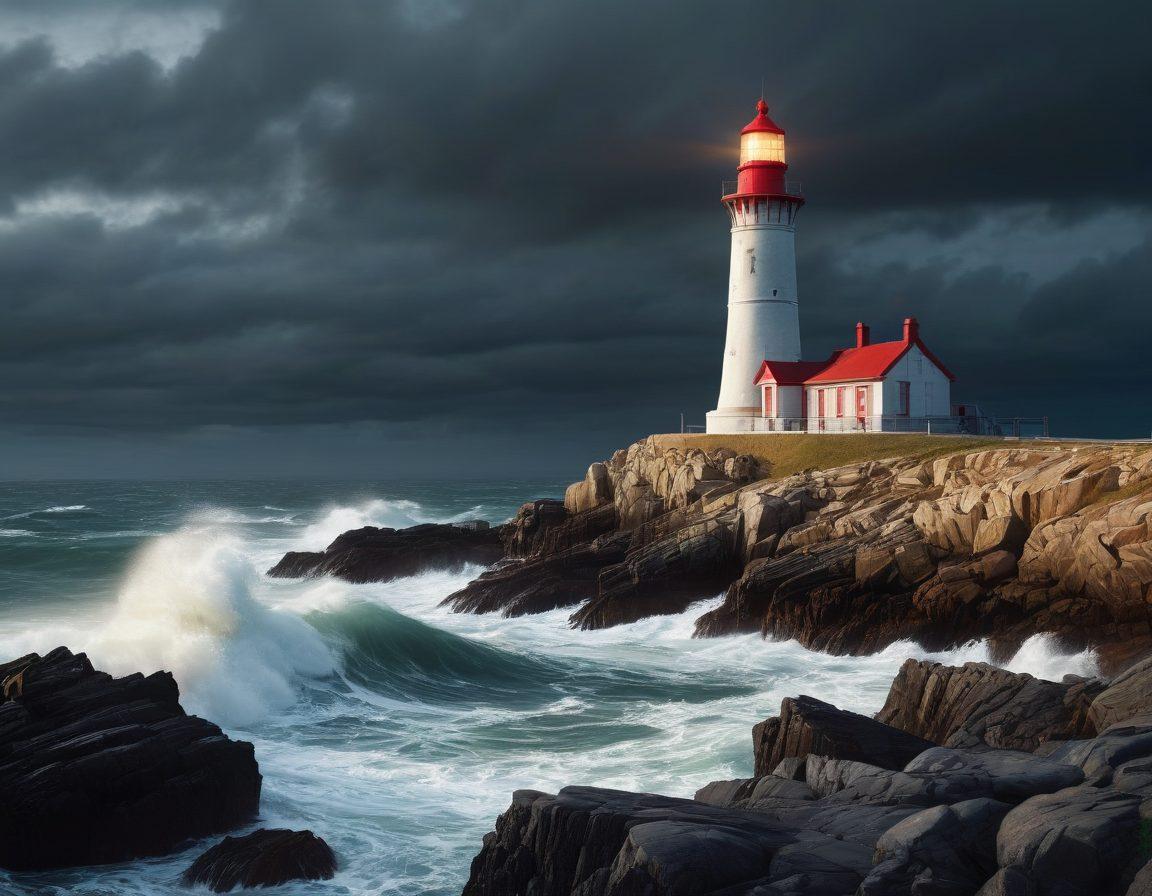 A dramatic juxtaposition of a vintage lighthouse standing tall on a rocky shore, with a modern smartphone displaying an emergency alert. The lighthouse beams light through stormy skies, while the smartphone's screen glows brightly, symbolizing the evolution of communication. Waves crash against the rocks, enhancing the urgency of the scene. Incorporate elements that represent connectivity, like signal waves emanating from the phone. super-realistic. vibrant colors. dynamic lighting.